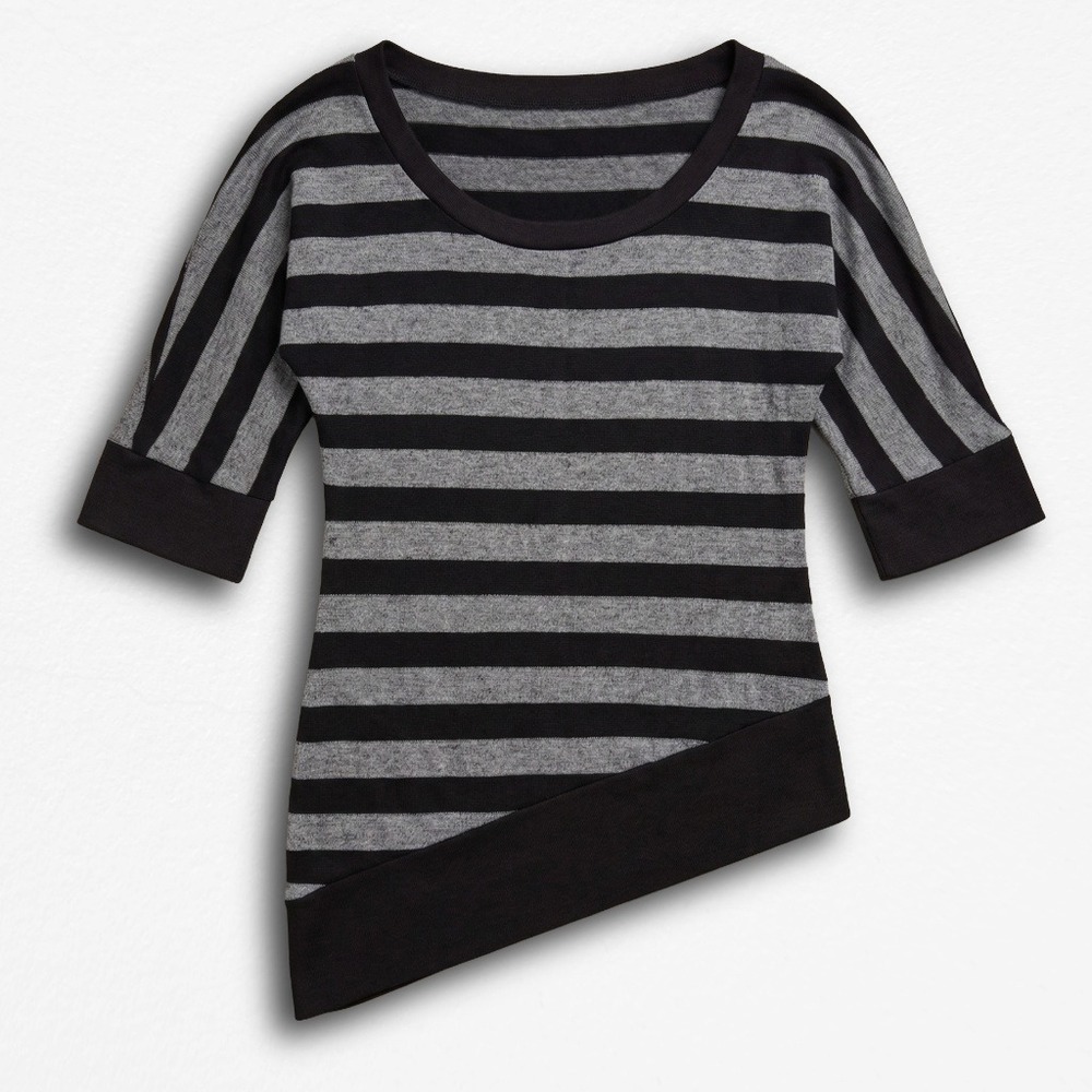Bluheaven Womens Y2K Grey Black Striped Asymmetrical Hem Knit Top Size M